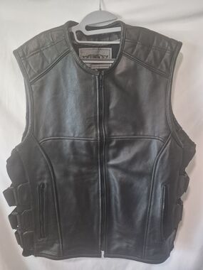 Unik Premium Black Leather Swat Style Tatical Motorcycle Vest Mens Sz 2XL